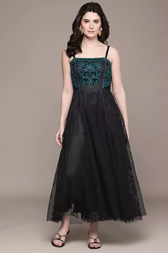 Black embroidered mesh gown