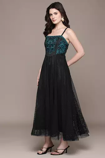 Black embroidered mesh gown