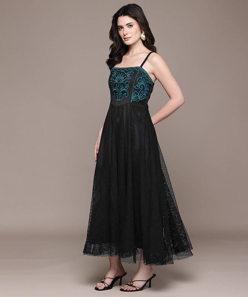 Black embroidered mesh gown