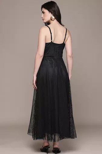 Black embroidered mesh gown