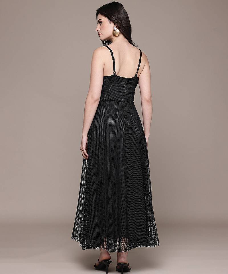 Black embroidered mesh gown