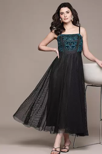 Black embroidered mesh gown