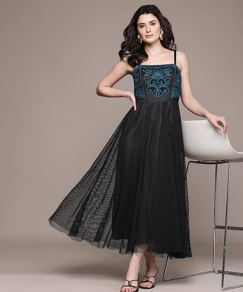 Black embroidered mesh gown