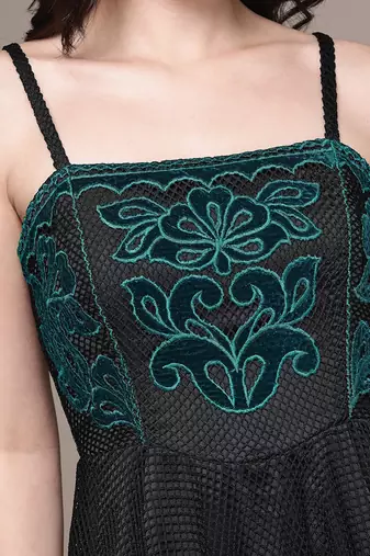 Black embroidered mesh gown