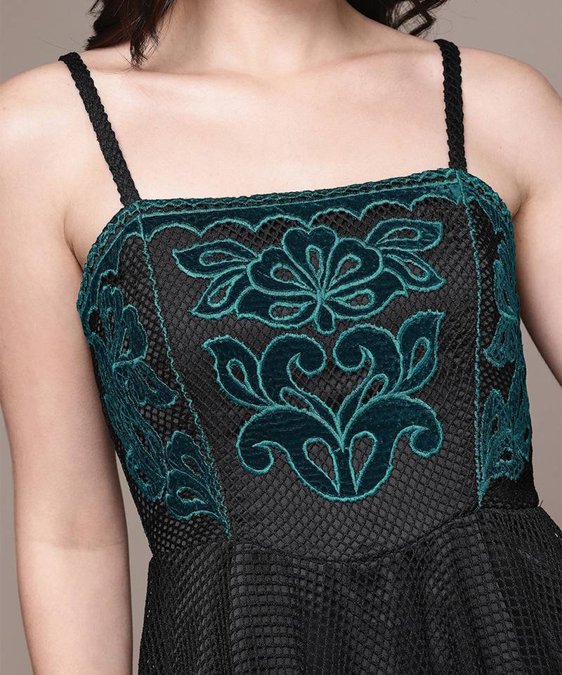 Black embroidered mesh gown