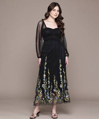 Black embroidered floral net dress 1