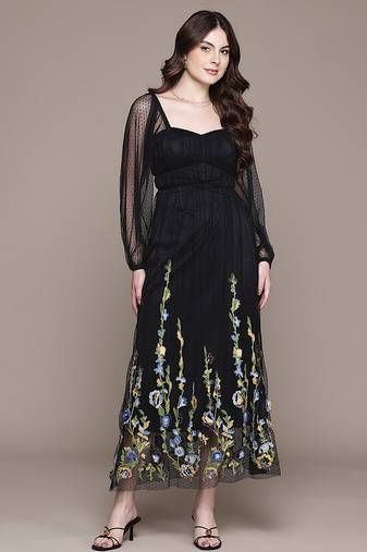 Black embroidered floral net dress
