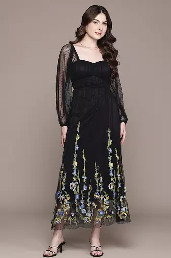 Black embroidered floral net dress