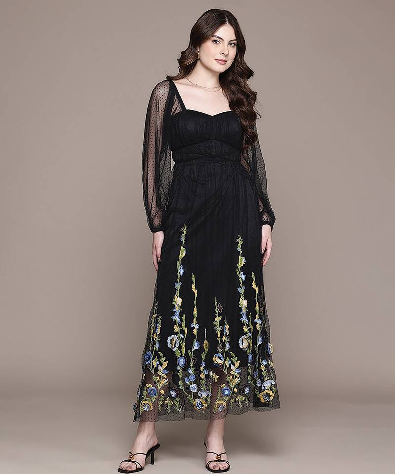 Black embroidered floral net dress