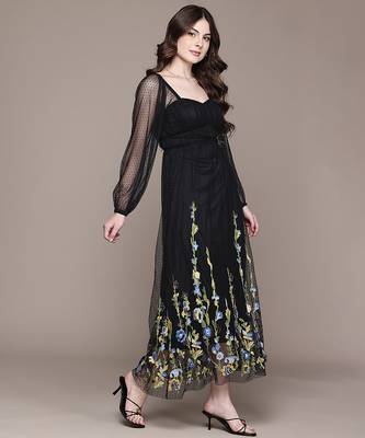 Black embroidered floral net dress 2