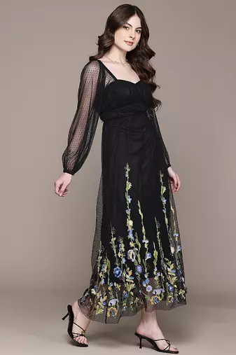 Black embroidered floral net dress