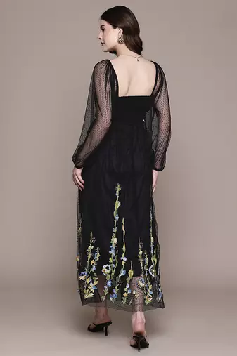Black embroidered floral net dress