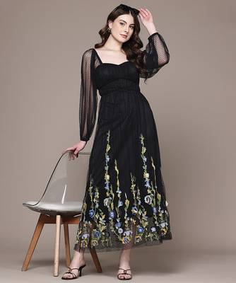 Black embroidered floral net dress 4