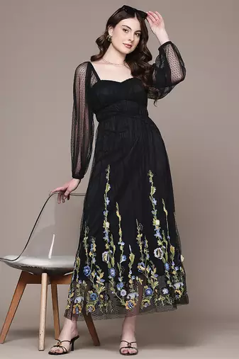 Black embroidered floral net dress