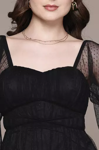 Black embroidered floral net dress