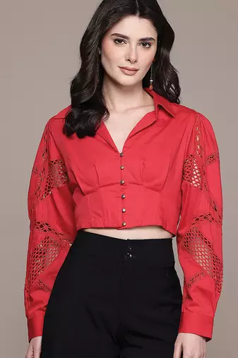 Red satin crop top