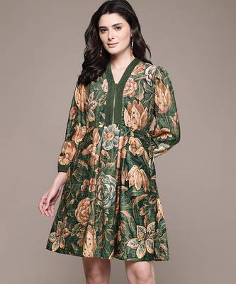 Olive printed velvet short dress 1