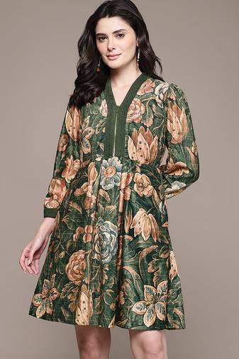 Olive printed velvet short dress