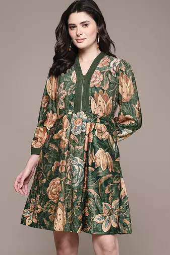 Olive printed velvet short dress