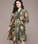 Olive printed velvet short dress