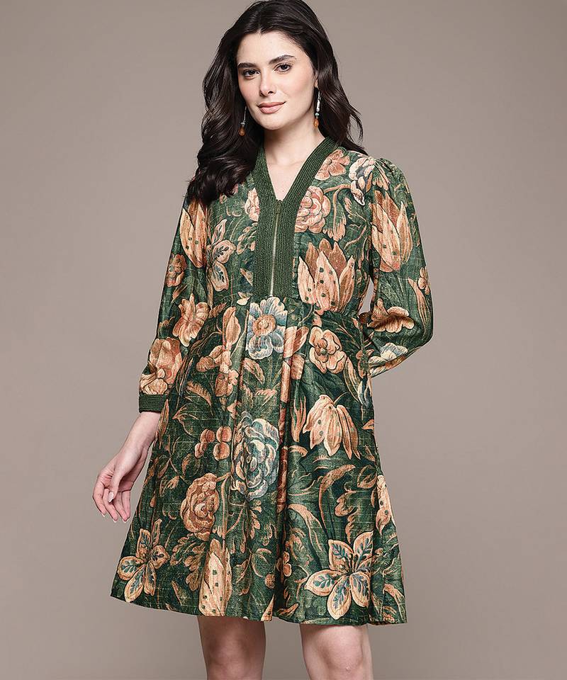 Olive printed velvet short dress