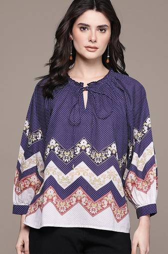 Navy blue printed cotton blend top