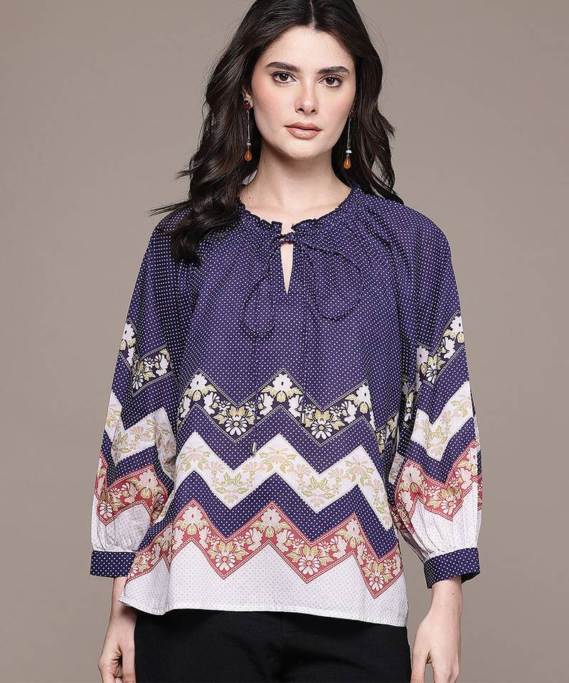 Navy blue printed cotton blend top