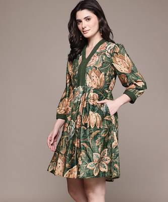Olive printed velvet short dress 2