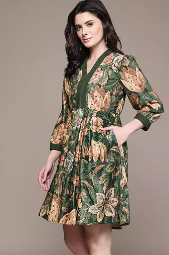 Olive printed velvet short dress