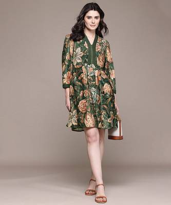Olive printed velvet short dress 4