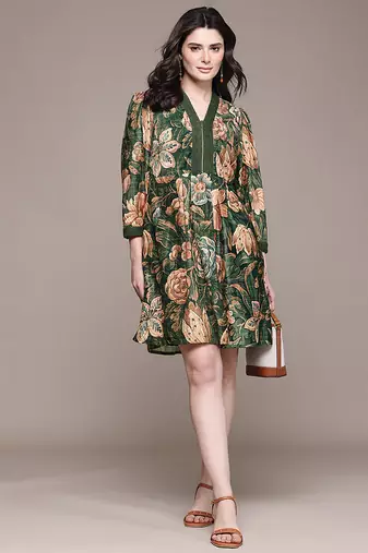Olive printed velvet short dress