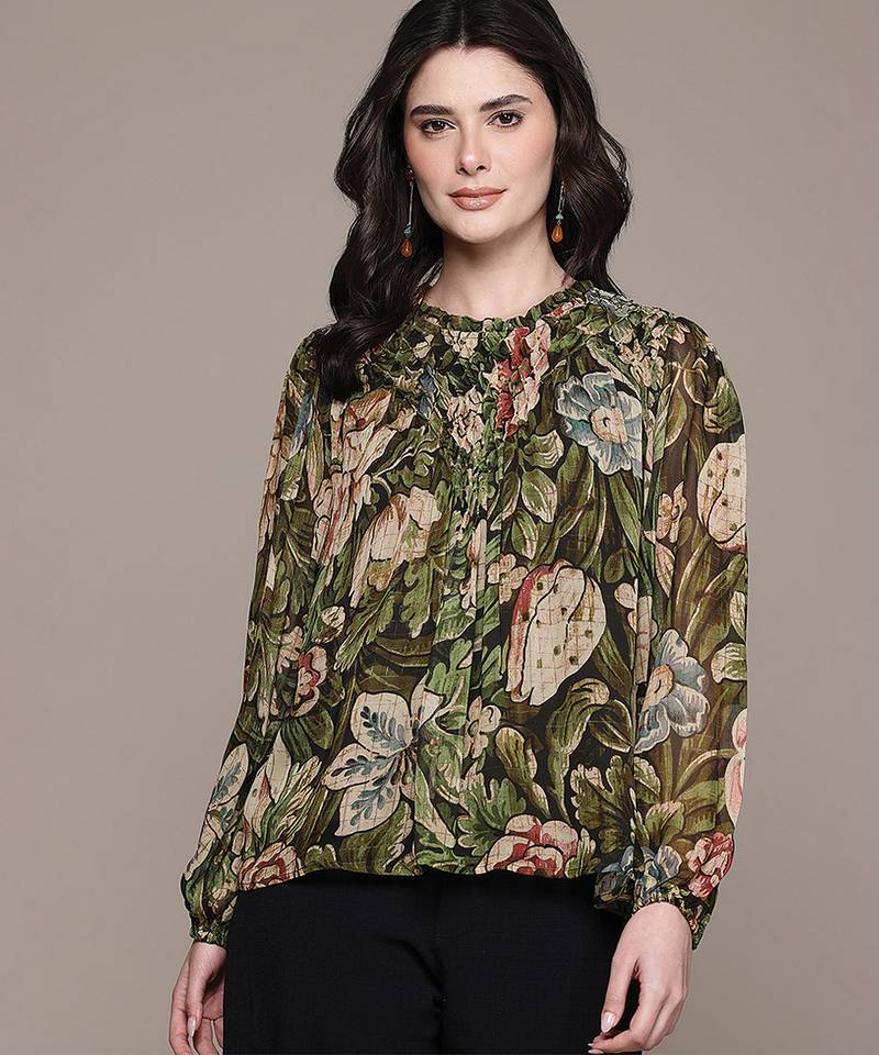 Olive printed georgette top