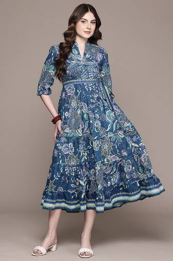 Blue printed cotton blend dress