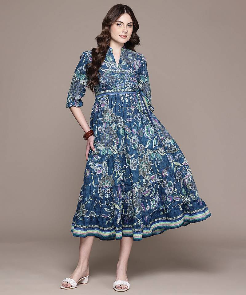 Blue printed cotton blend dress