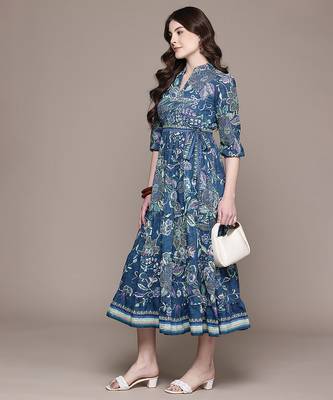 Blue printed cotton blend dress 2