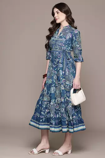 Blue printed cotton blend dress