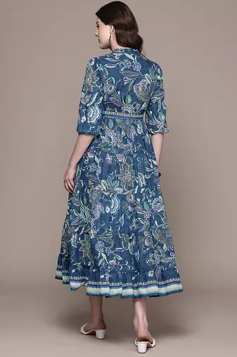 Blue printed cotton blend dress