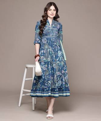 Blue printed cotton blend dress 4