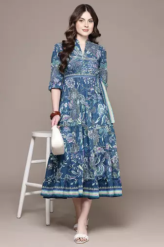 Blue printed cotton blend dress