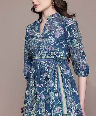 Blue printed cotton blend dress 5