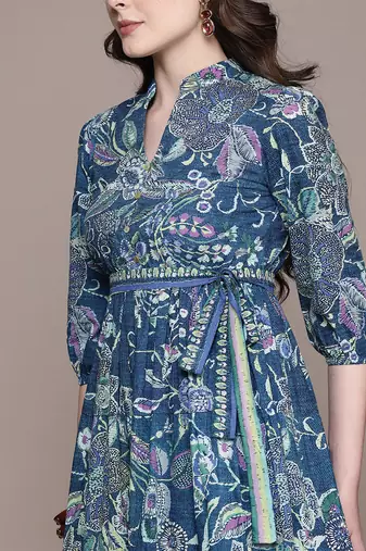 Blue printed cotton blend dress
