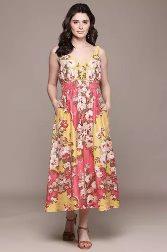 Peach printed linen dress