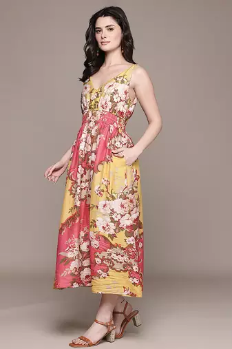 Peach printed linen dress