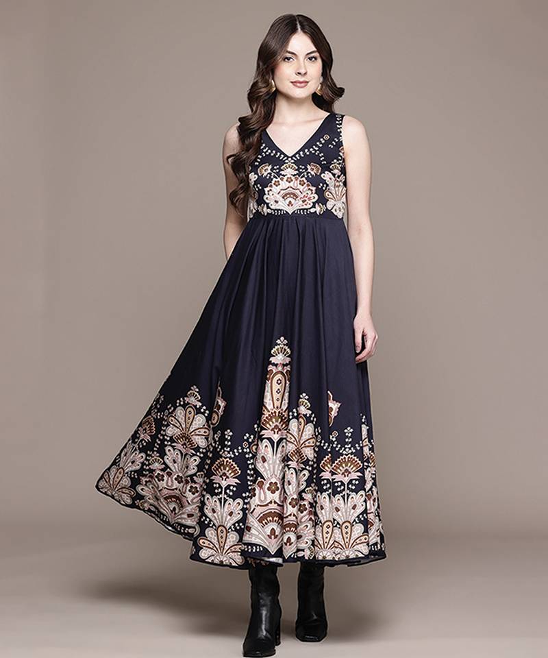 Black printed cotton blend gown