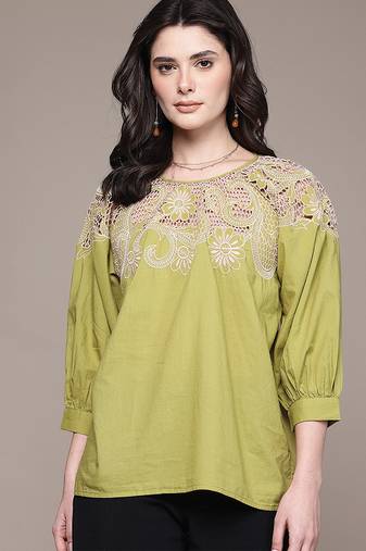 Green embroidered cotton blend top