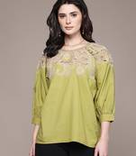 Green embroidered cotton blend top