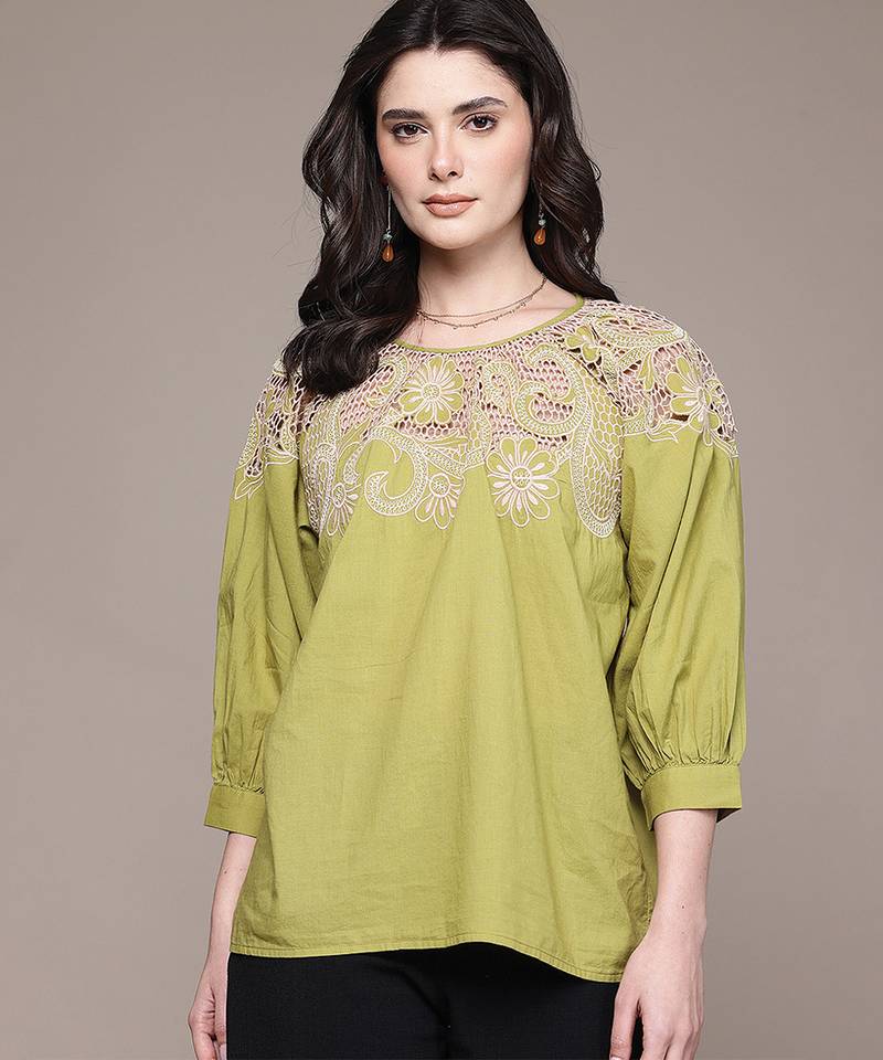 Green embroidered cotton blend top