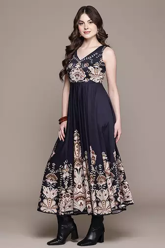 Black printed cotton blend gown