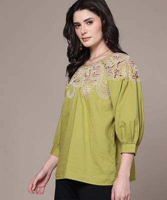 Green embroidered cotton blend top 2