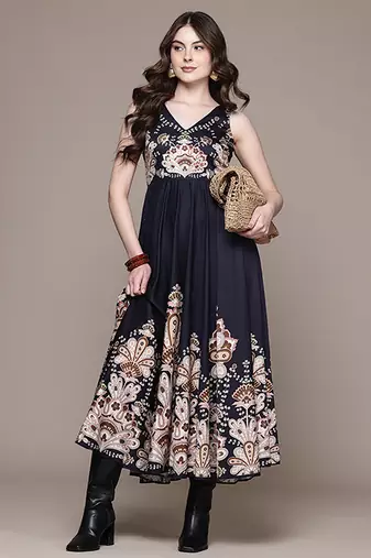 Black printed cotton blend gown